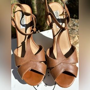 Steve Madden Woonderr Cognac Leather Cork Wedge Sandals Sz. 7.5